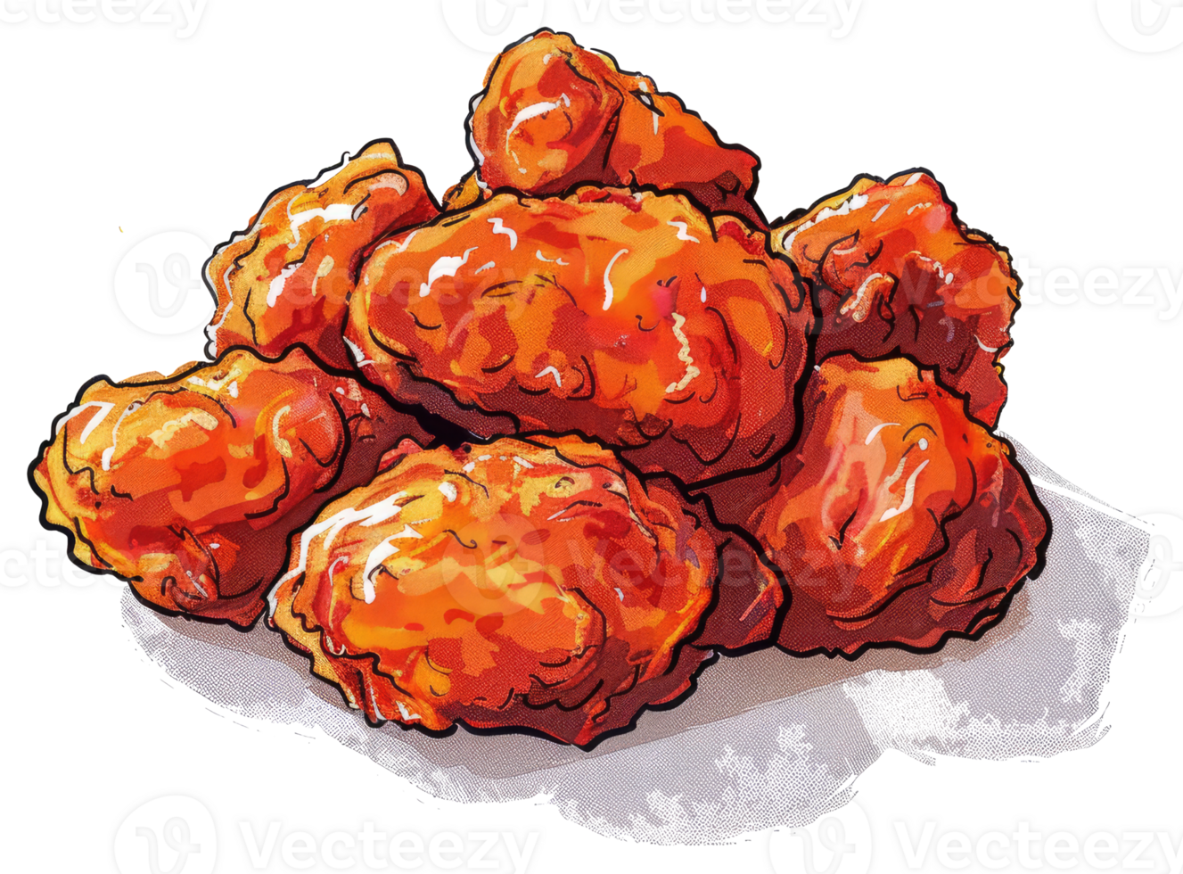 A pile of freshly cooked and coated chicken pieces is shown png