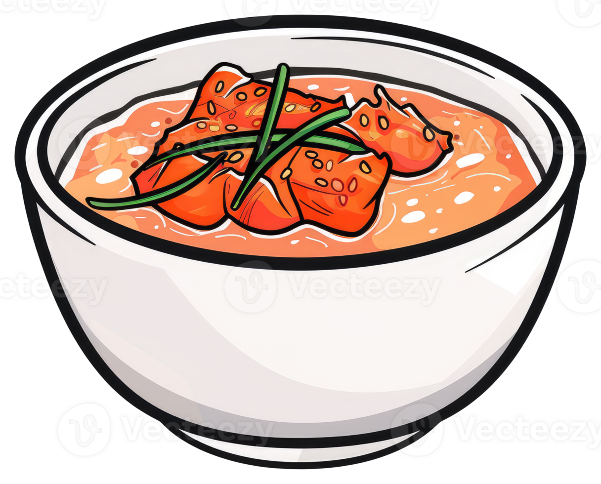 A white bowl containing savory soup with toppings and garnish png