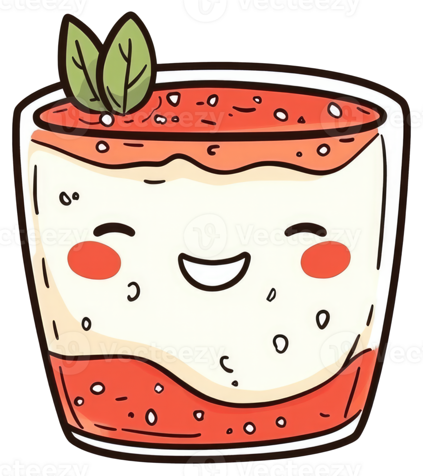 A charming cartoon illustration of a smiling layered dessert in glass png