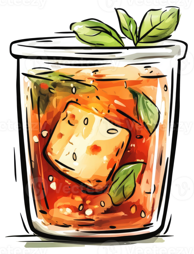 A refreshing beverage with herbs and a large ice cube inside png