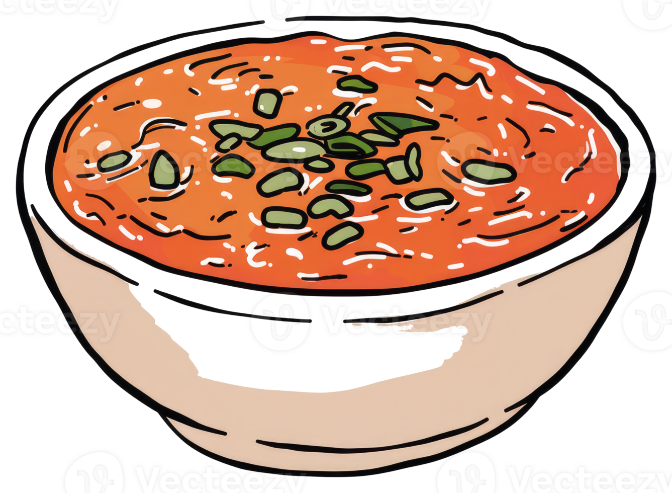 A ceramic bowl containing red soup with green garnish on top png
