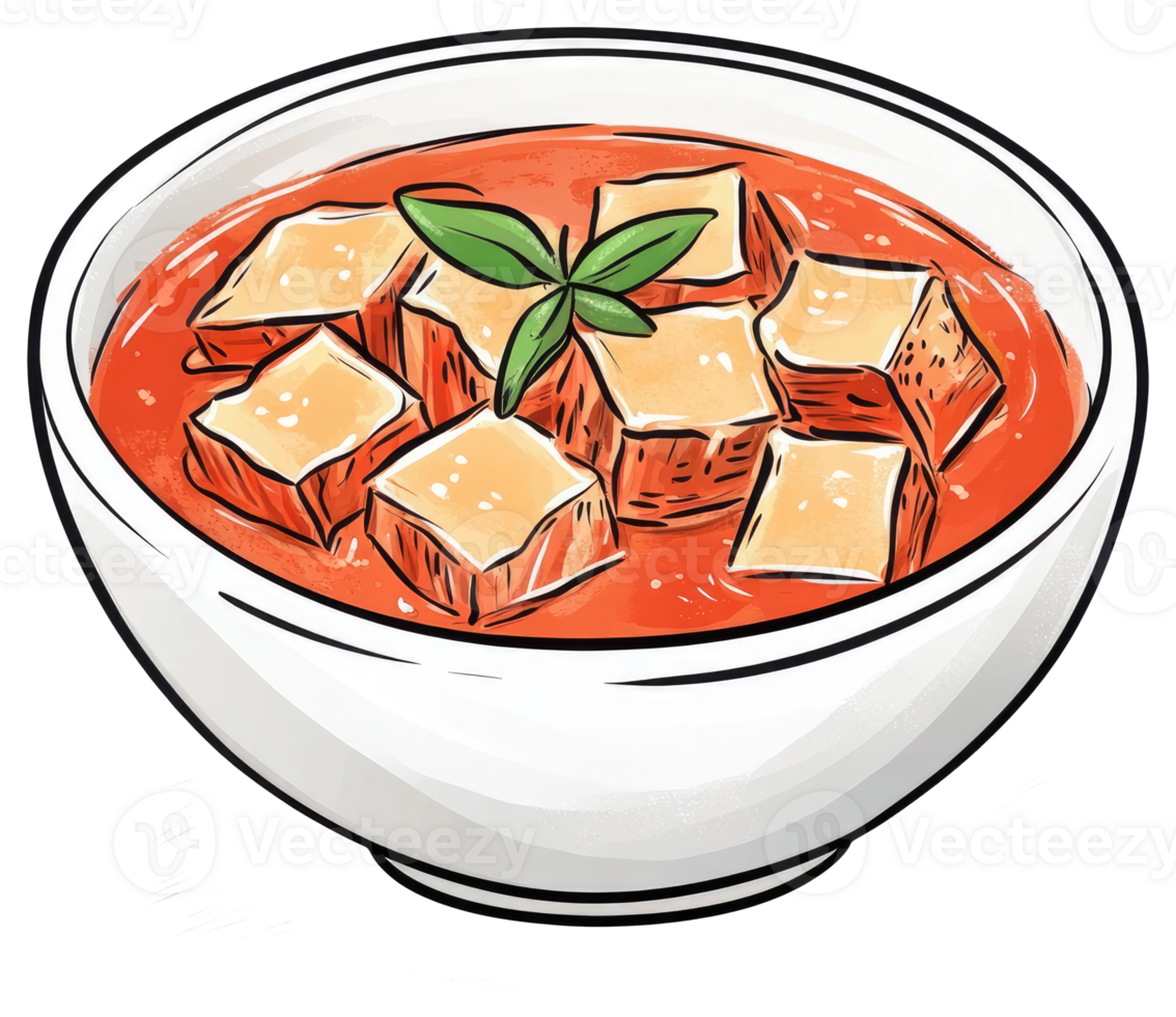 Delicious tofu cubes and broth served in a white ceramic bowl png