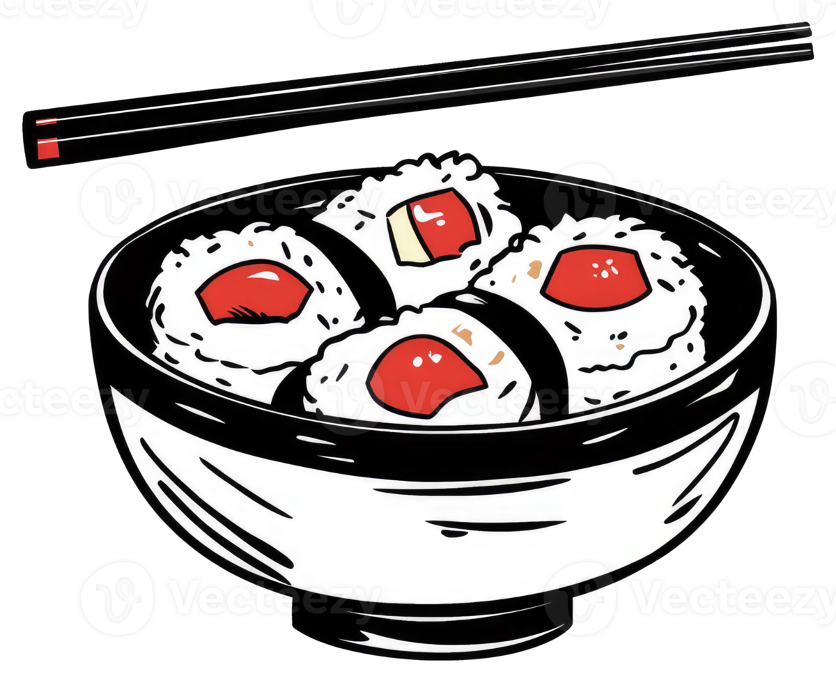 A bowl of sushi with chopsticks displayed above it png