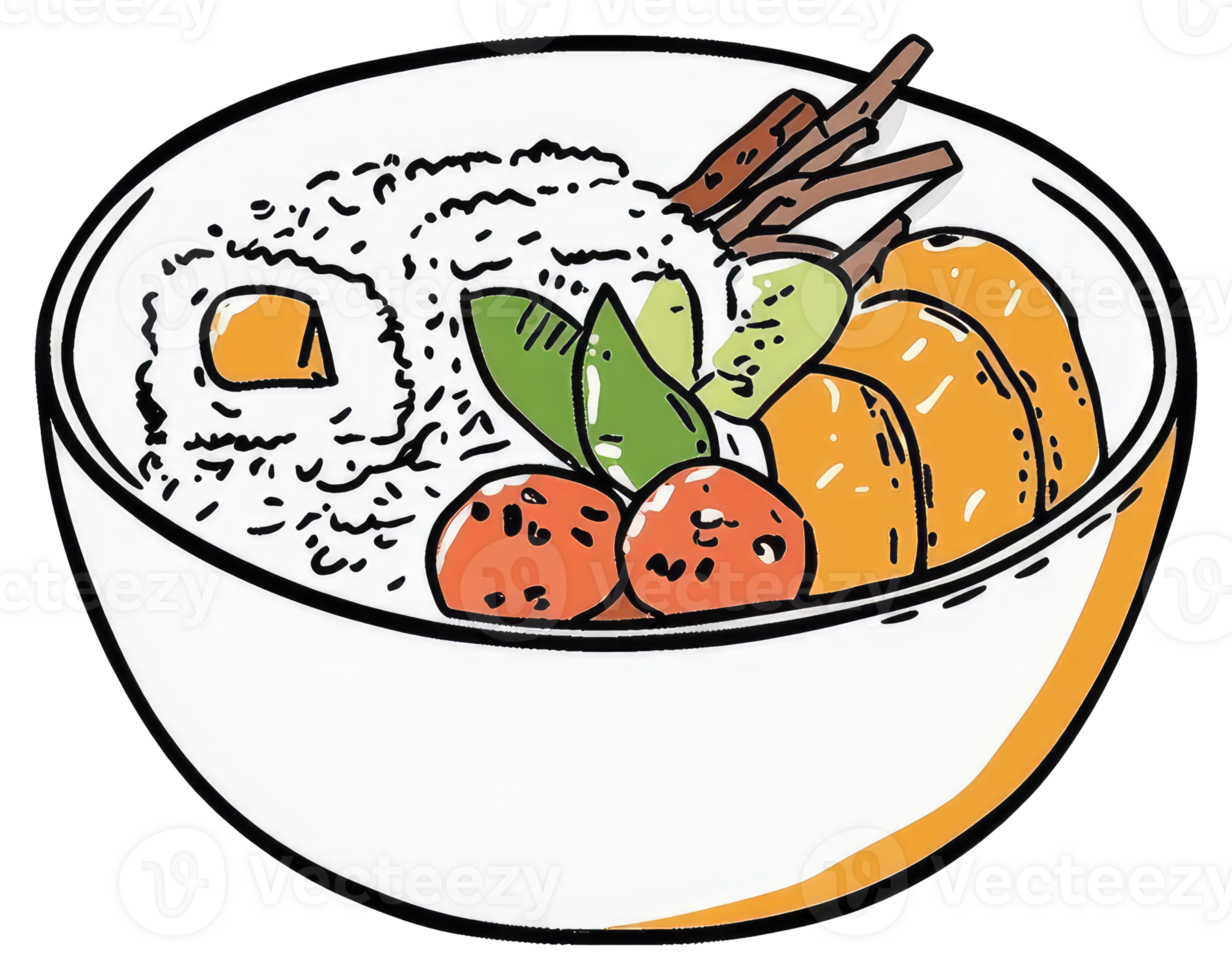 A colorful illustration of a bowl filled with diverse food items png