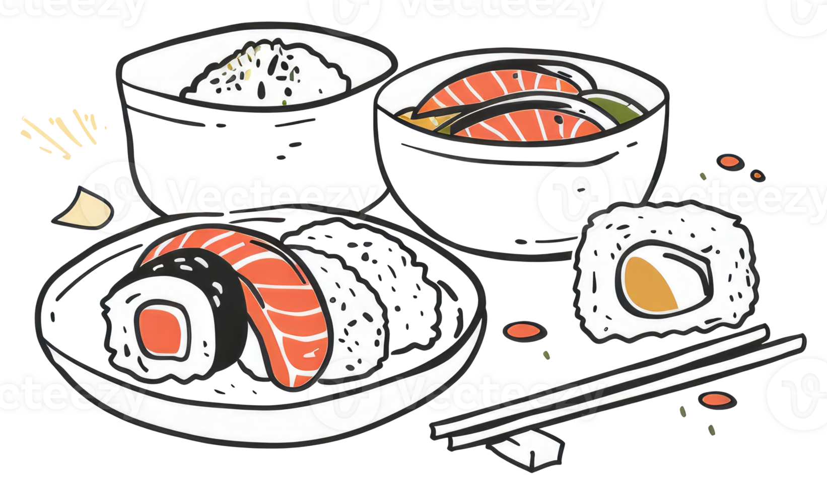 An artistic illustration displaying a variety of delicious sushi dishes png