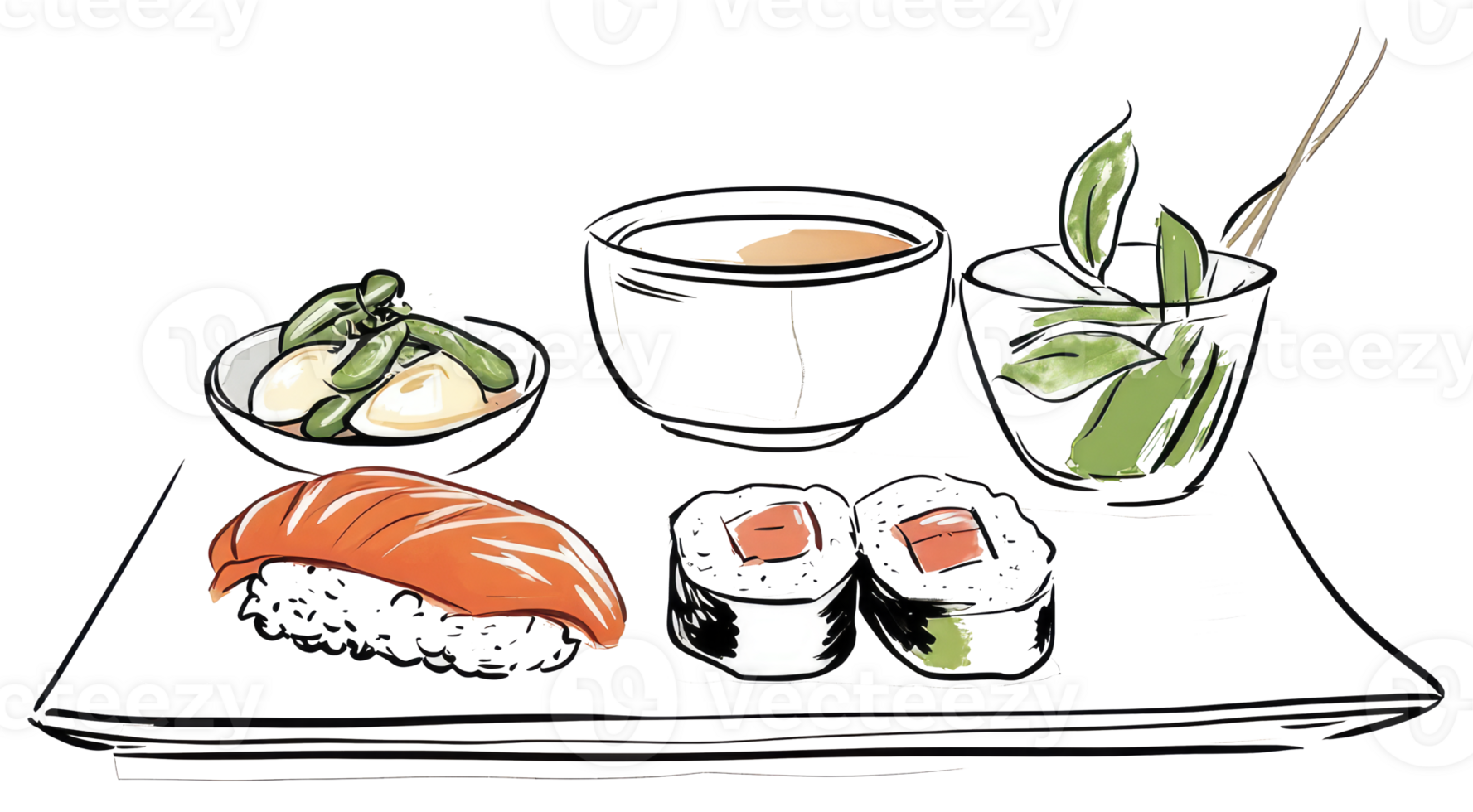 A sketch of sushi and other traditional japanese food items png