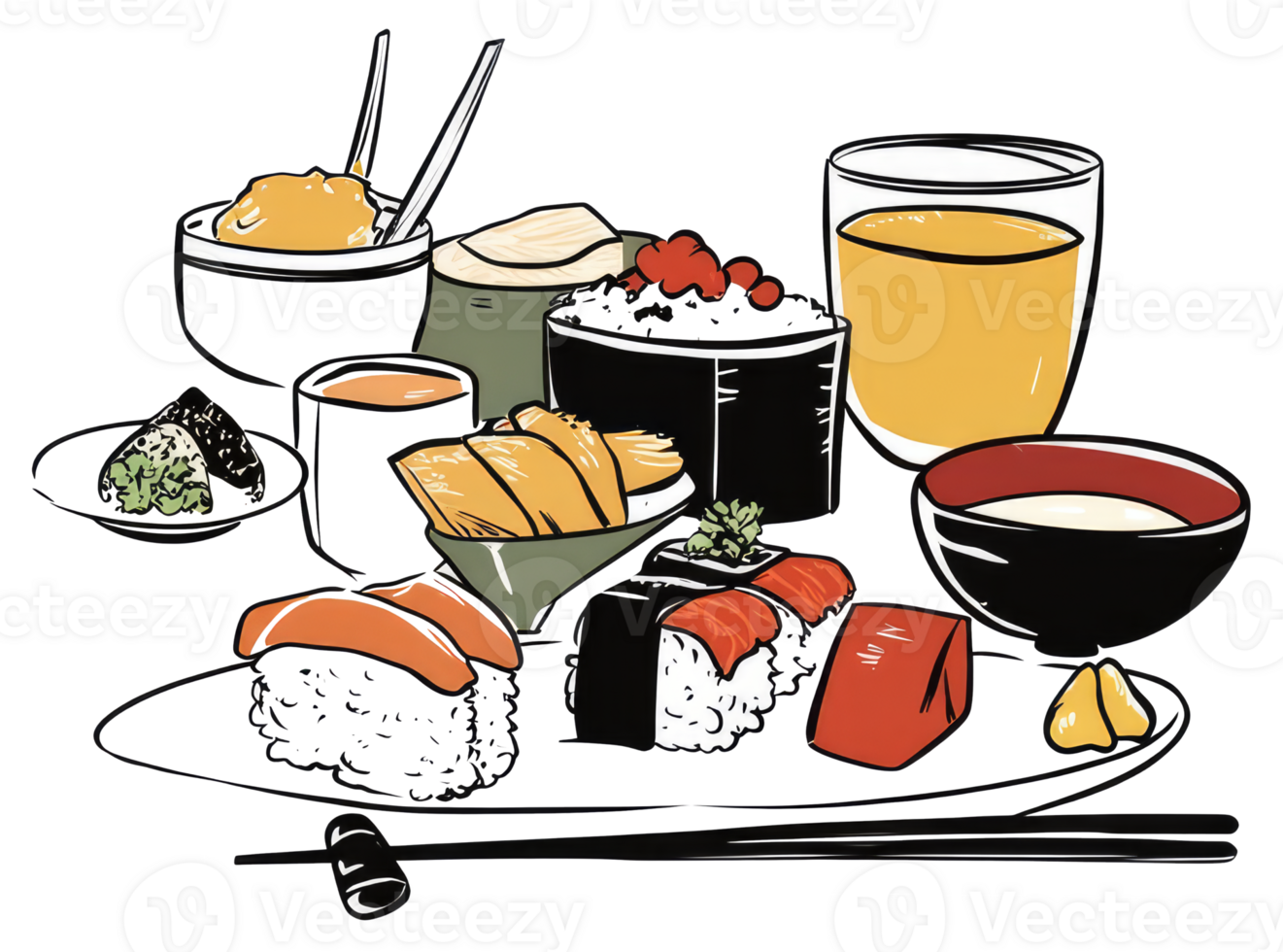Artistic illustration of a delicious selection of japanese style foods png