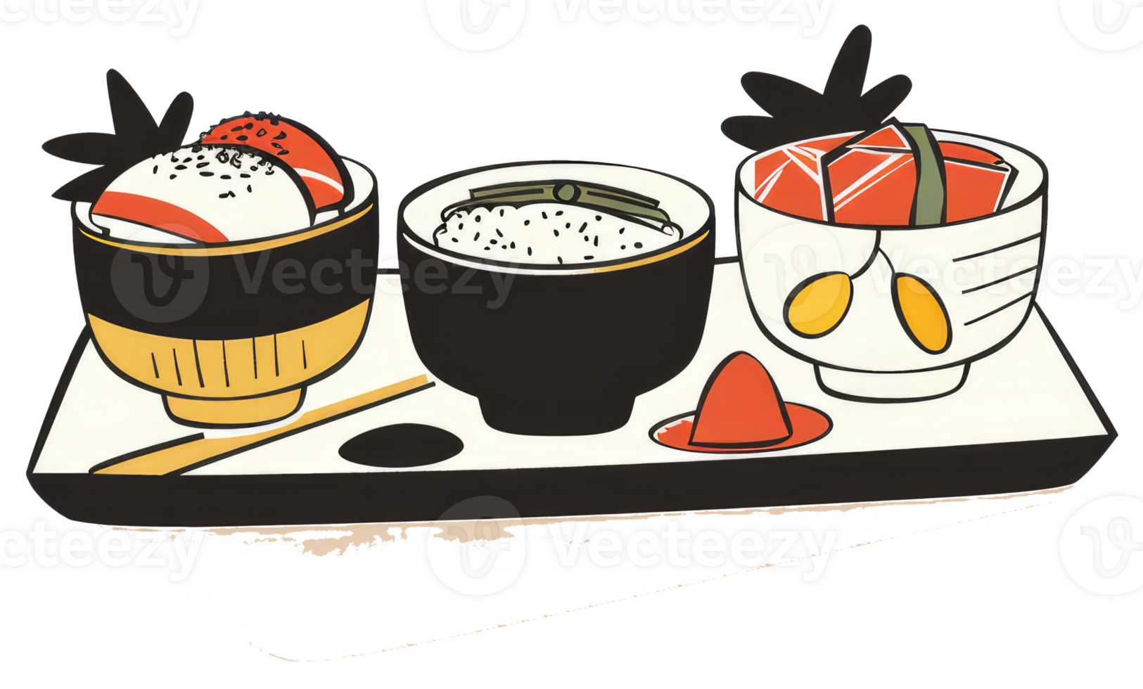 Three Bowls Of Prepared Japanese Food Set On Tray png