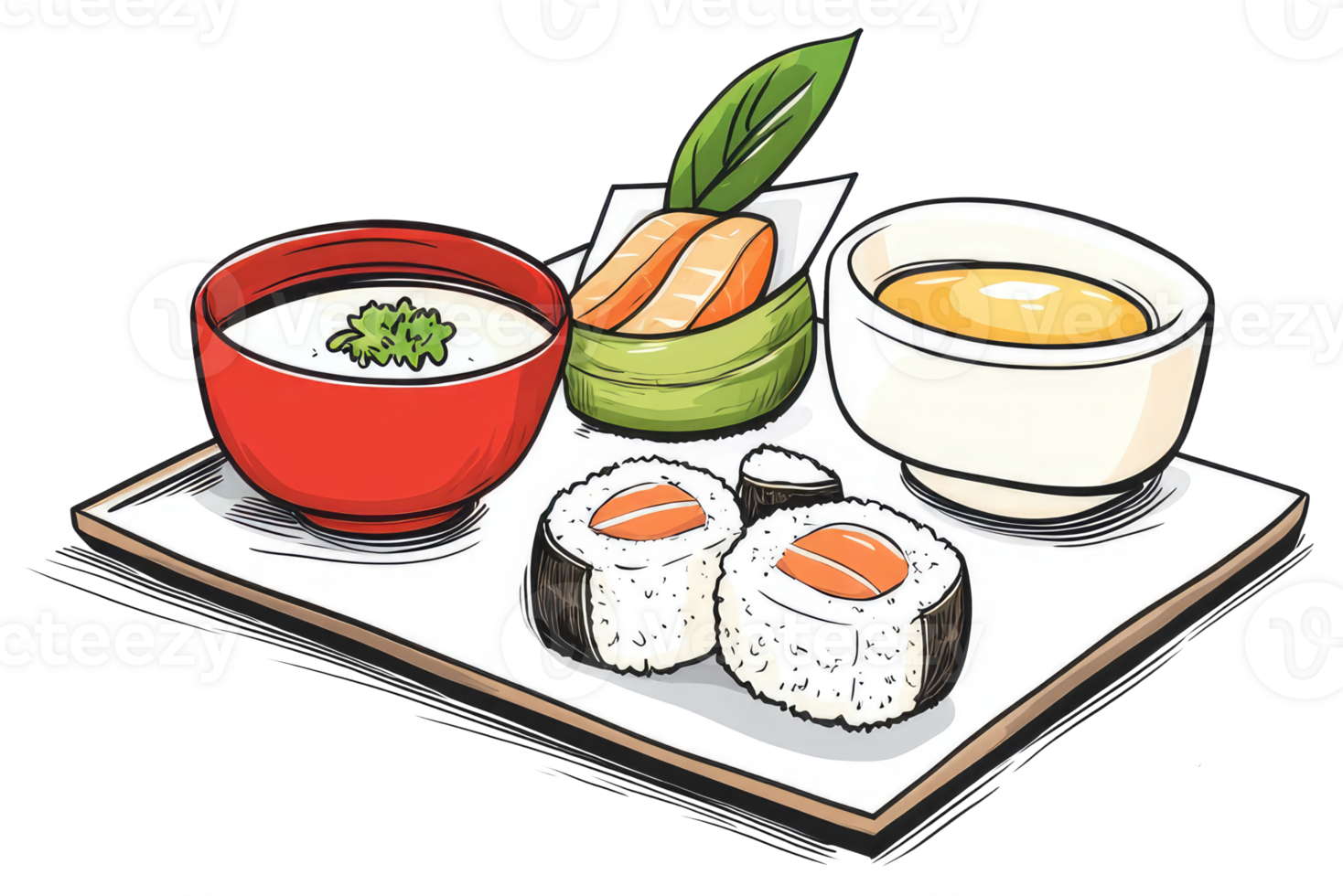 A detailed illustration of a complete sushi and soup meal png