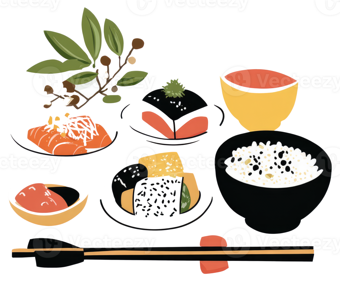 A Colorful Illustrated Display of Japanese Cuisine and Chopsticks png