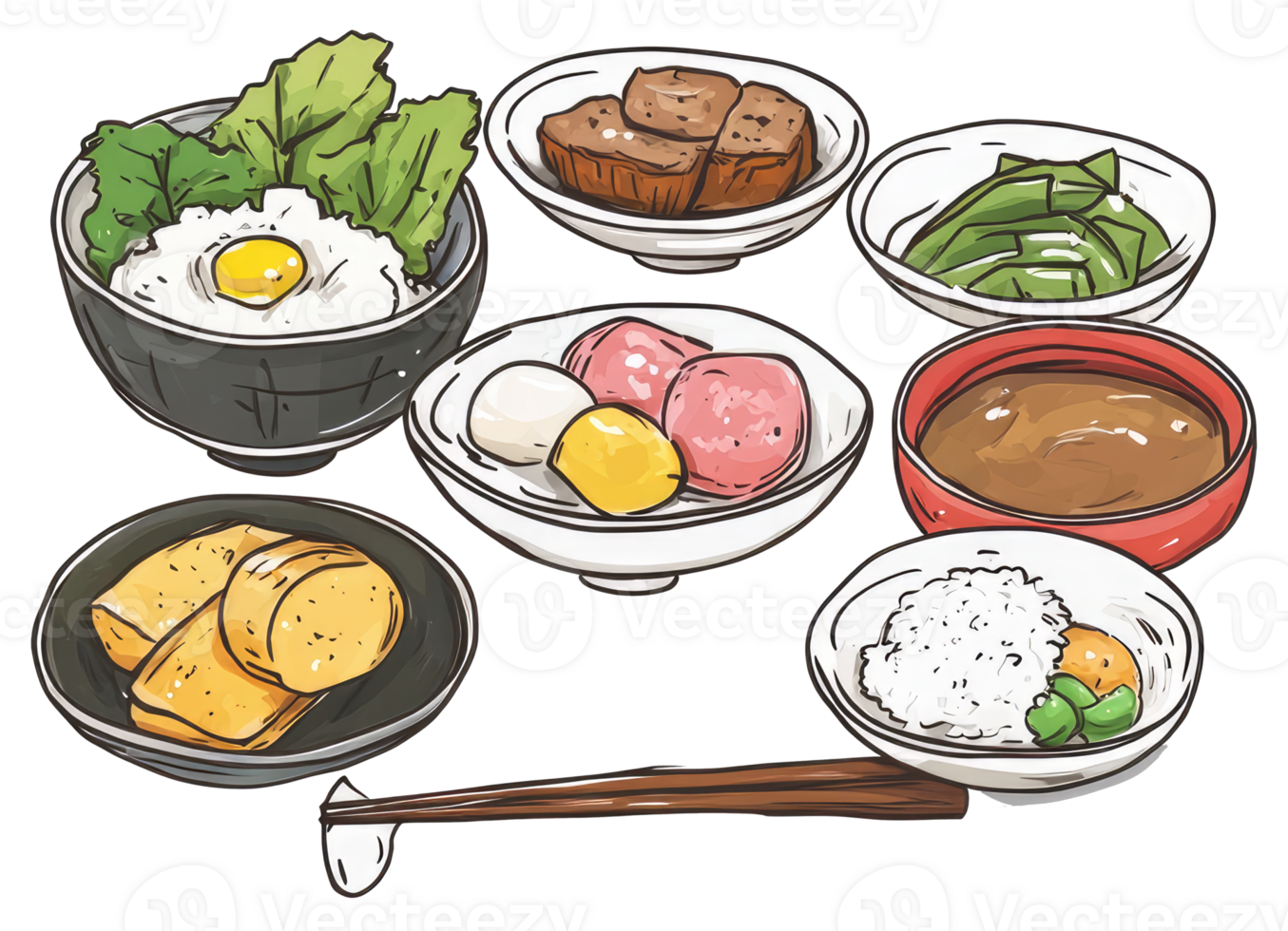 A Variety of Bowls Filled with Different Foods and Chopsticks png