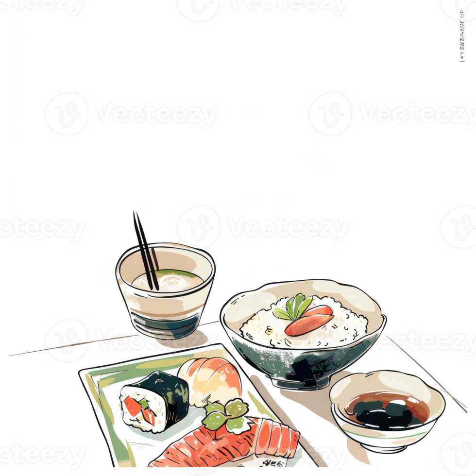 A digitally illustrated set of sushi and asian style cuisine png