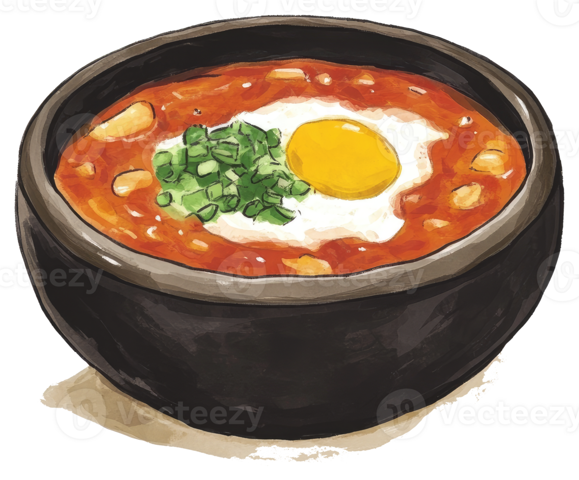 A bowl of spicy stew with egg and green onions on top png