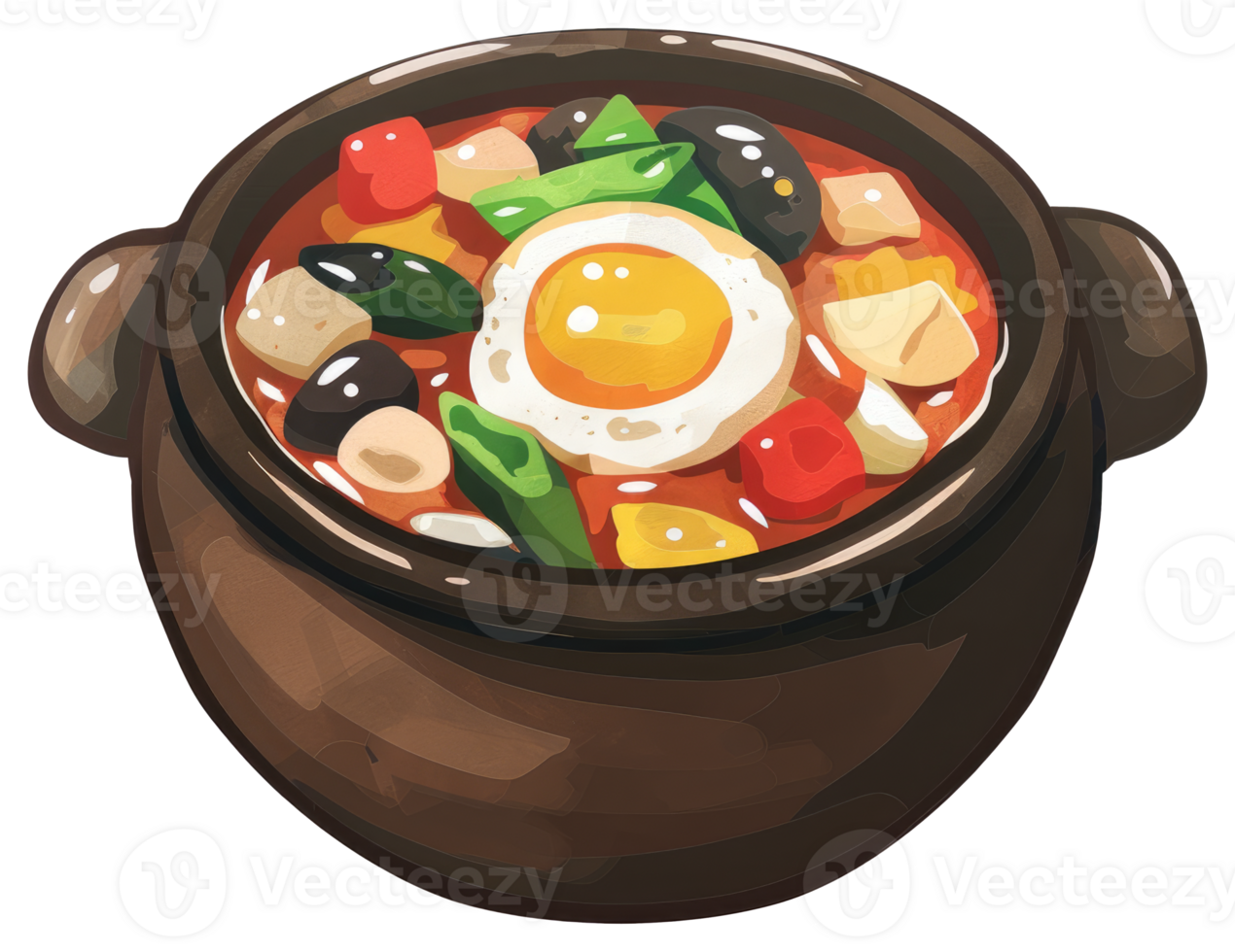 A flavorful stew with vegetables and a fried egg in a pot png