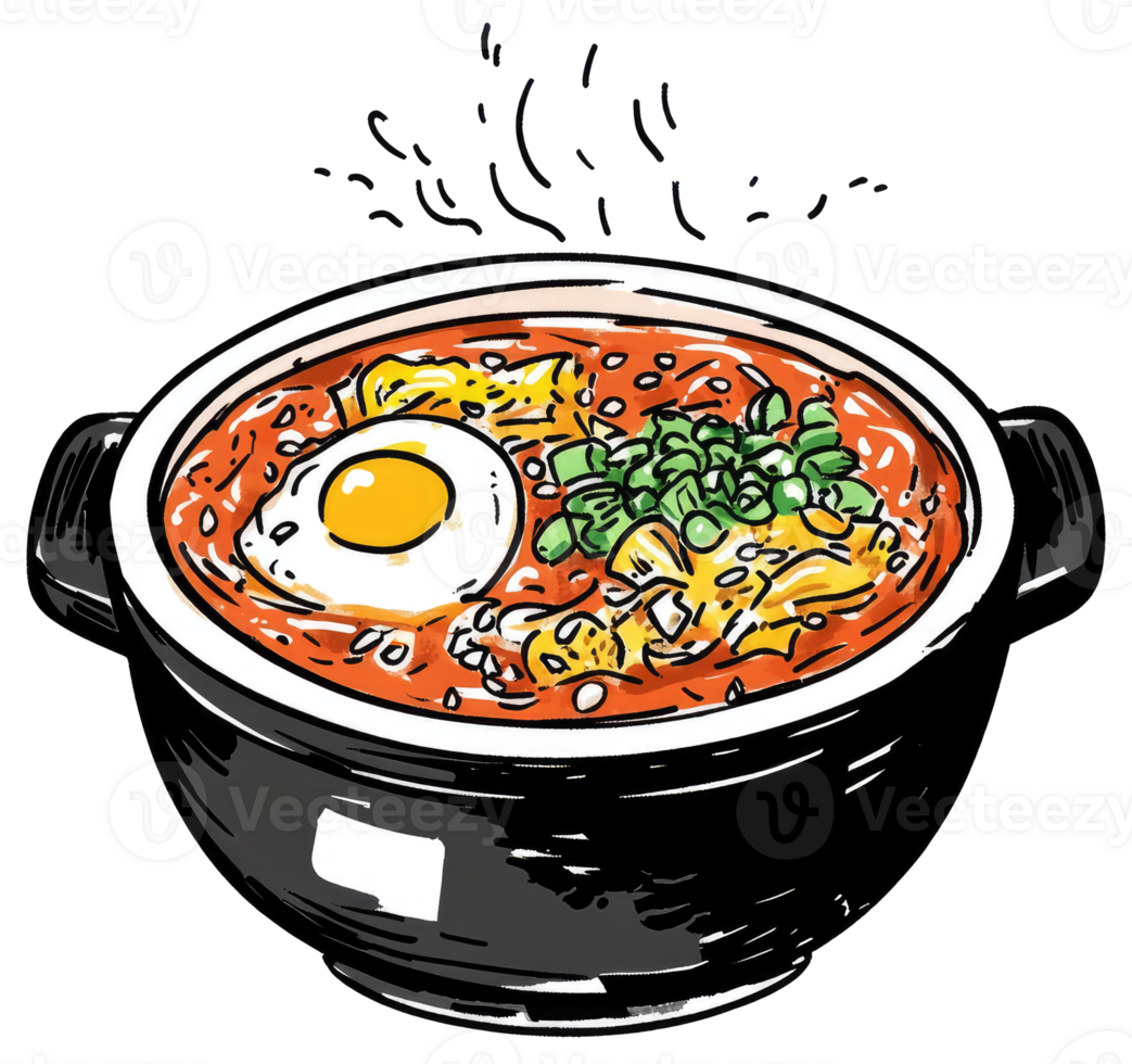 Delicious steaming bowl of soup with a fried egg garnish png