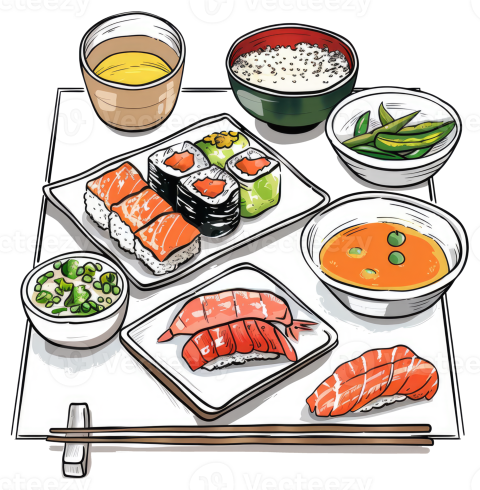 Delicious and varied fresh sushi and accompaniments arranged beautifully on display png