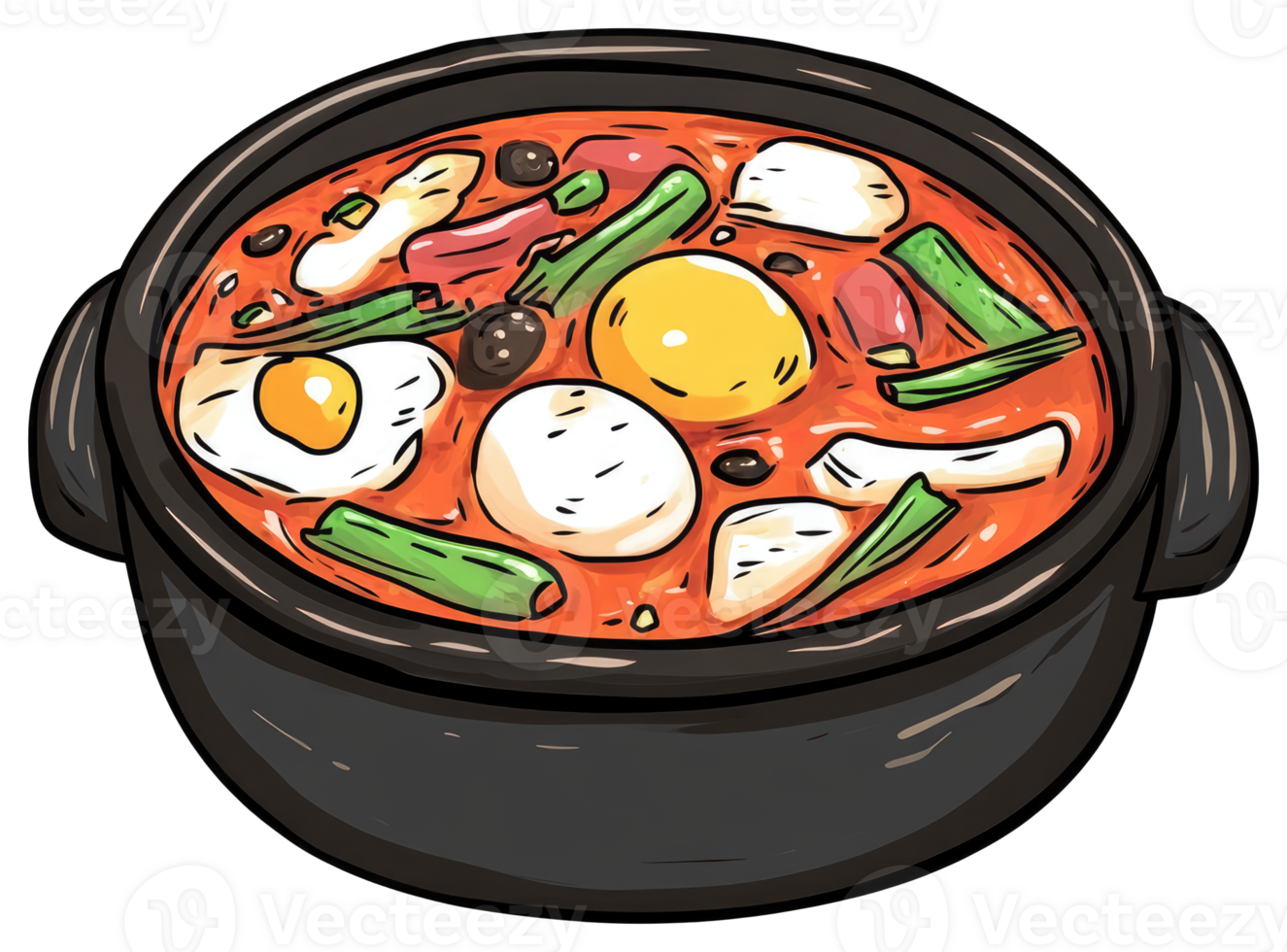 A colorful illustration of a savory soup with assorted ingredients png