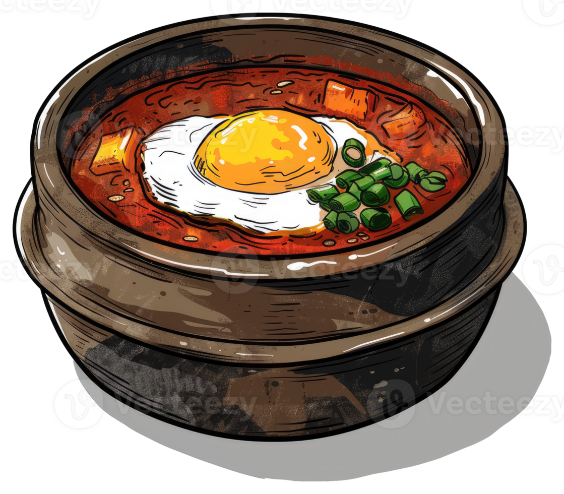 A ceramic bowl filled with savory food and a fried egg png