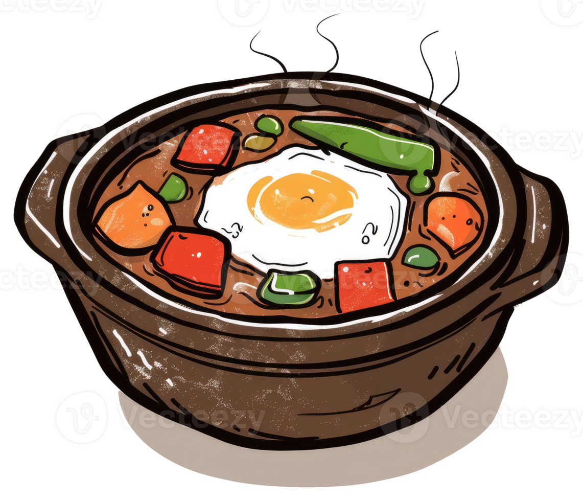 A delicious illustrated clay pot of stew with egg on top png