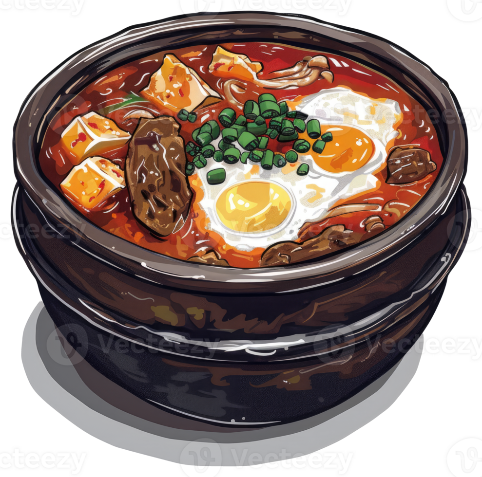 An illustrated bowl of flavorful food with egg and tofu png