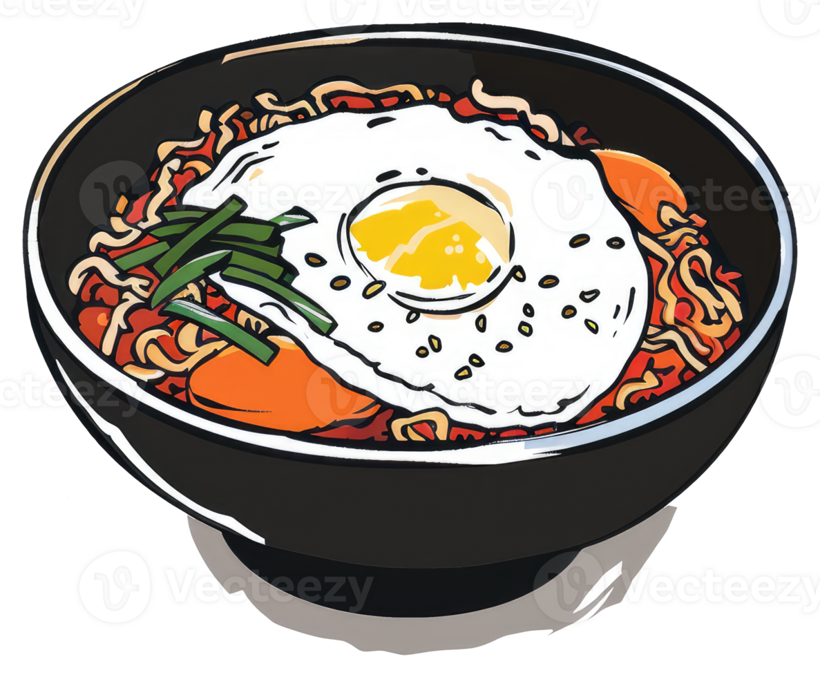 A bowl of noodles topped with a fried egg illustration png