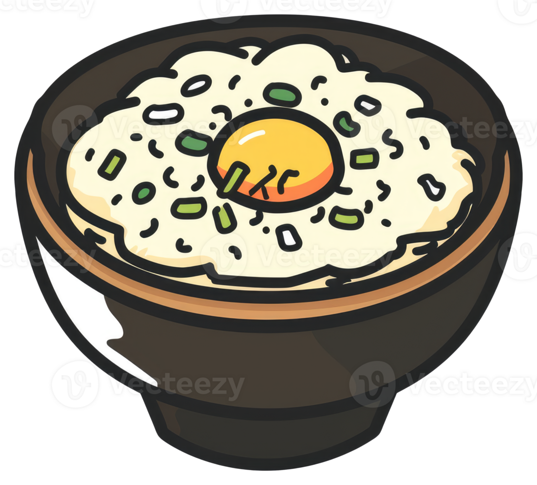 A bowl of rice with an egg and green onion garnish png