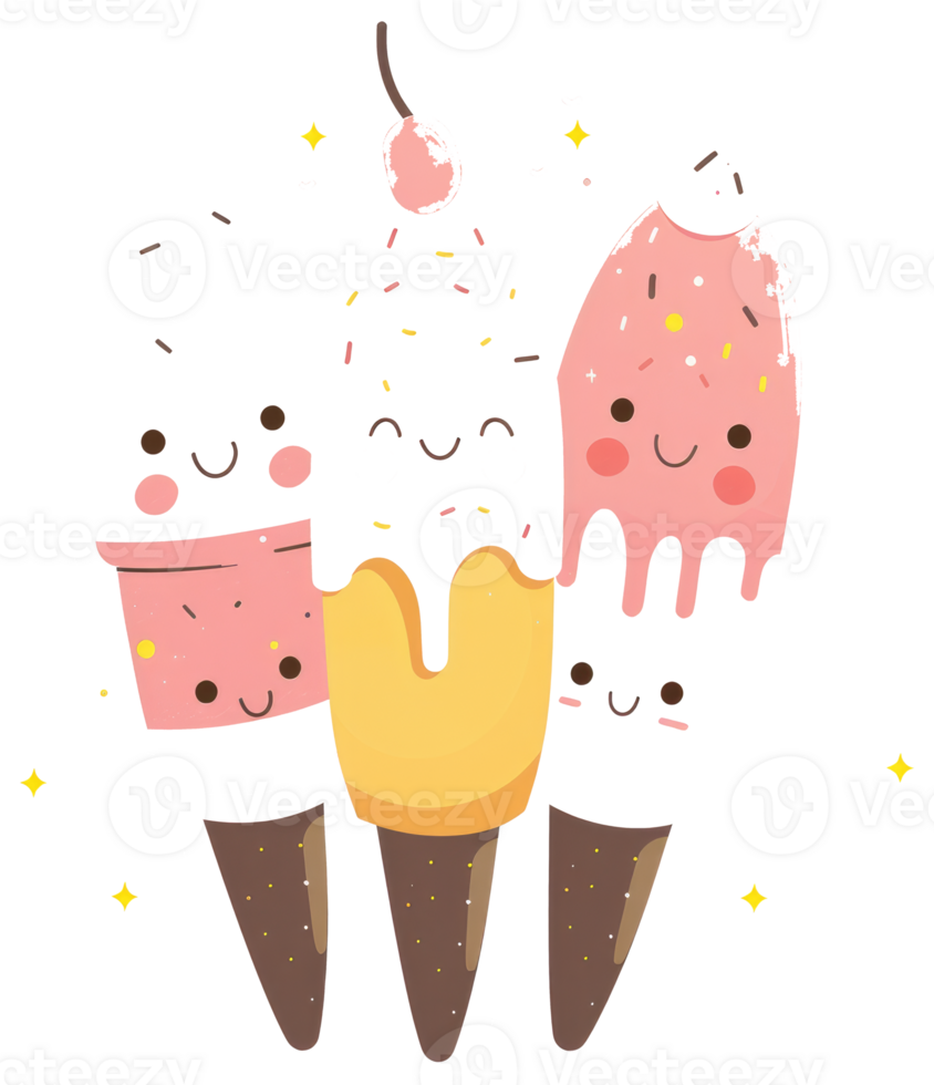 Cute cartoon ice creams with friendly smiling happy faces png
