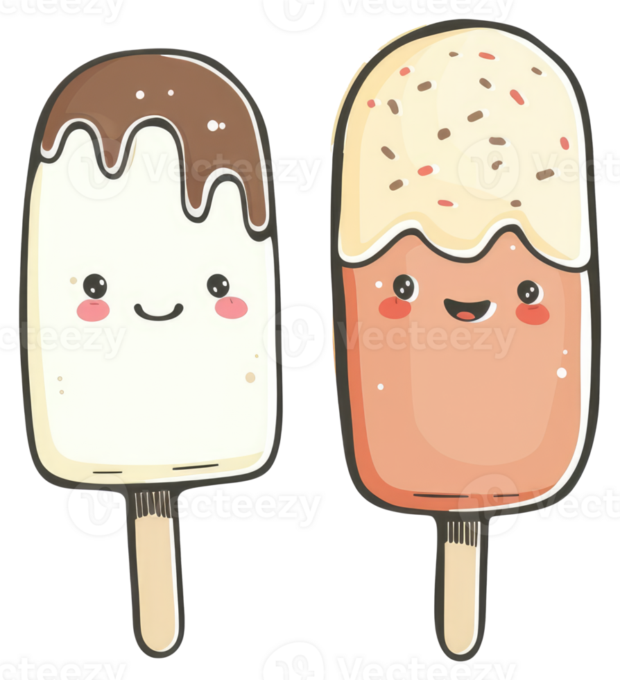 Two smiling ice pops with different colored toppings and faces png
