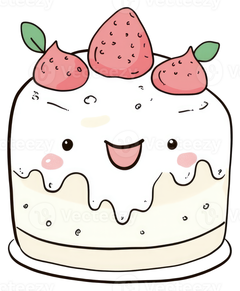 An animated cake adorned with strawberries and a smiling face png
