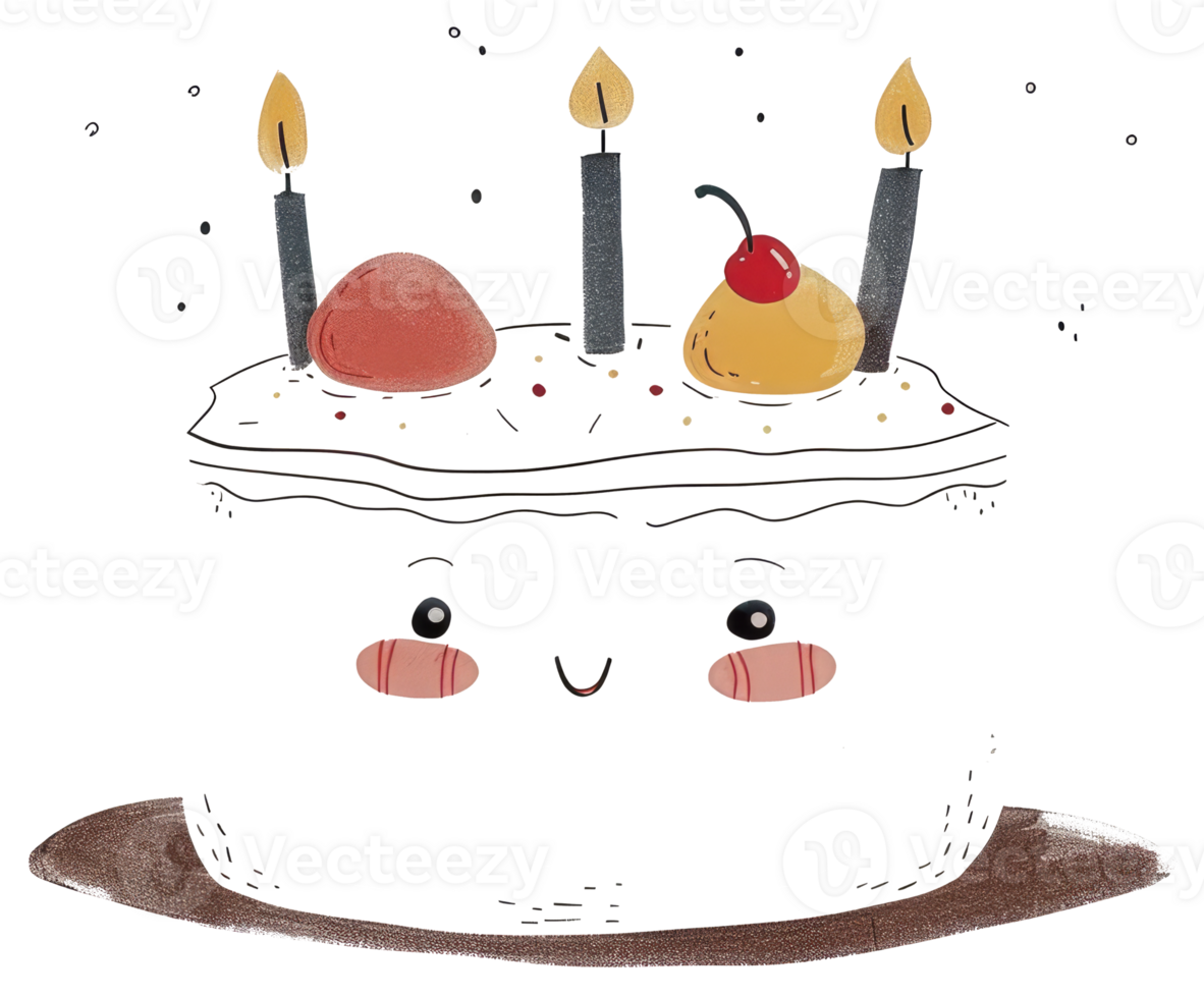 A decorated birthday cake with lit candles and a smiling face png