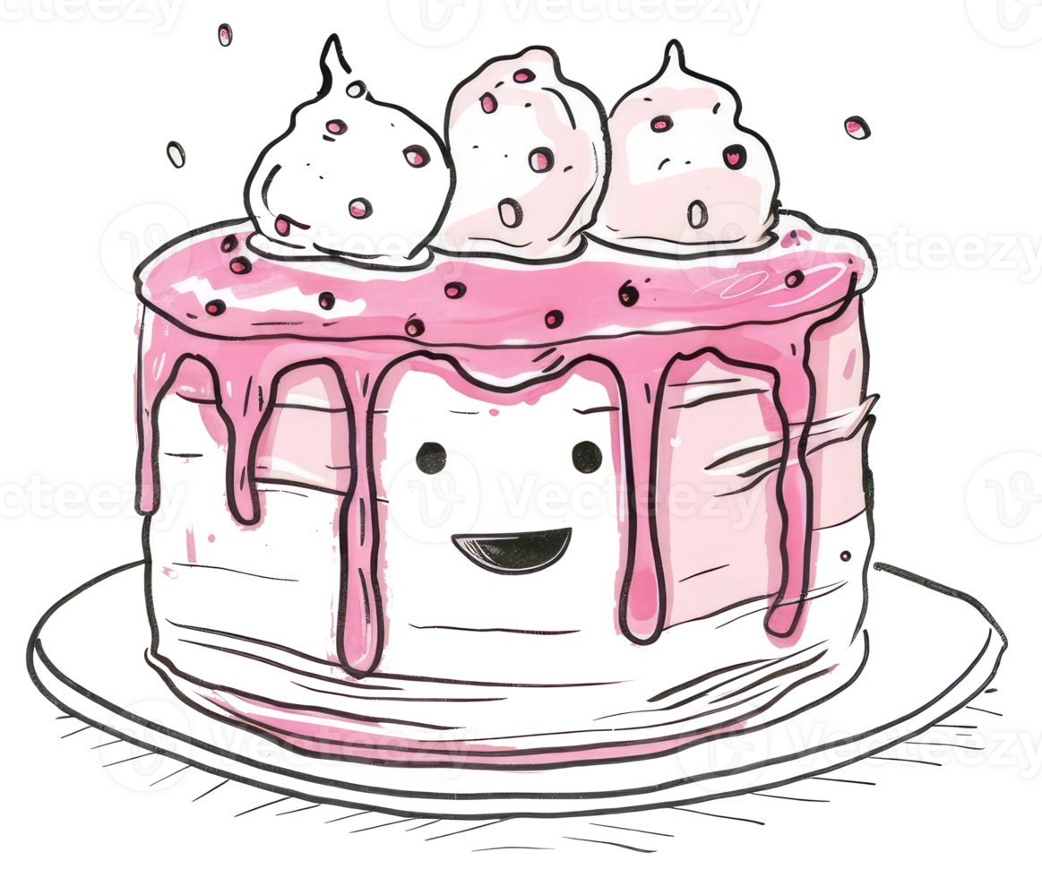 A happy smiling layered cake with pink icing and decorations png