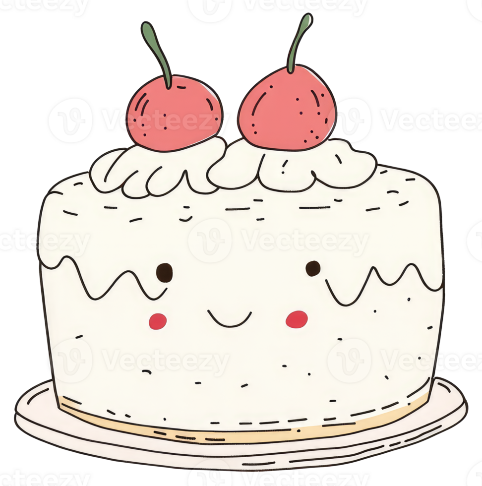 A smiling cartoon cake decorated with cherries on top of it png