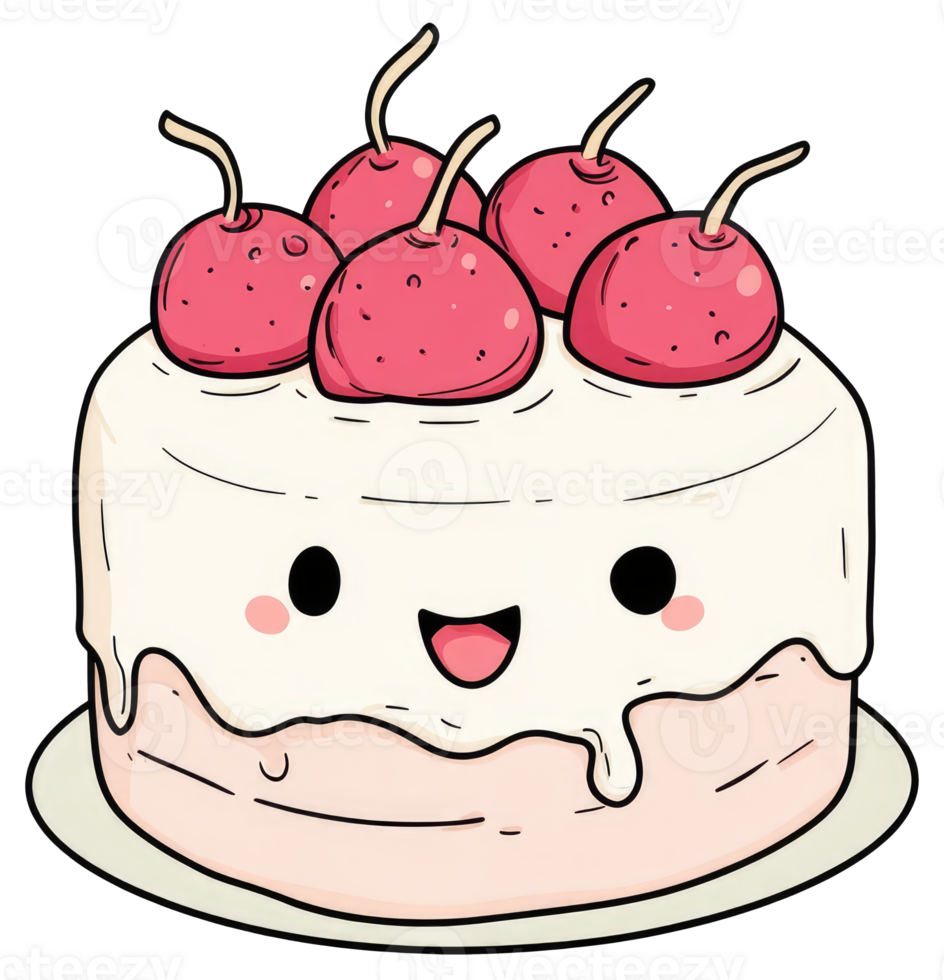 A smiling dessert cake decorated with delicious red cherries on top png
