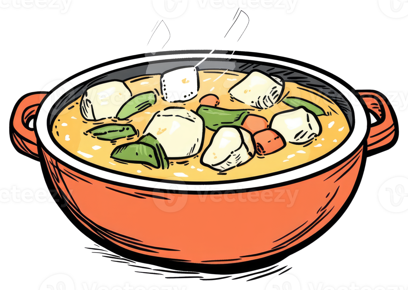 A hot steaming bowl of vegetable stew sitting elegantly png