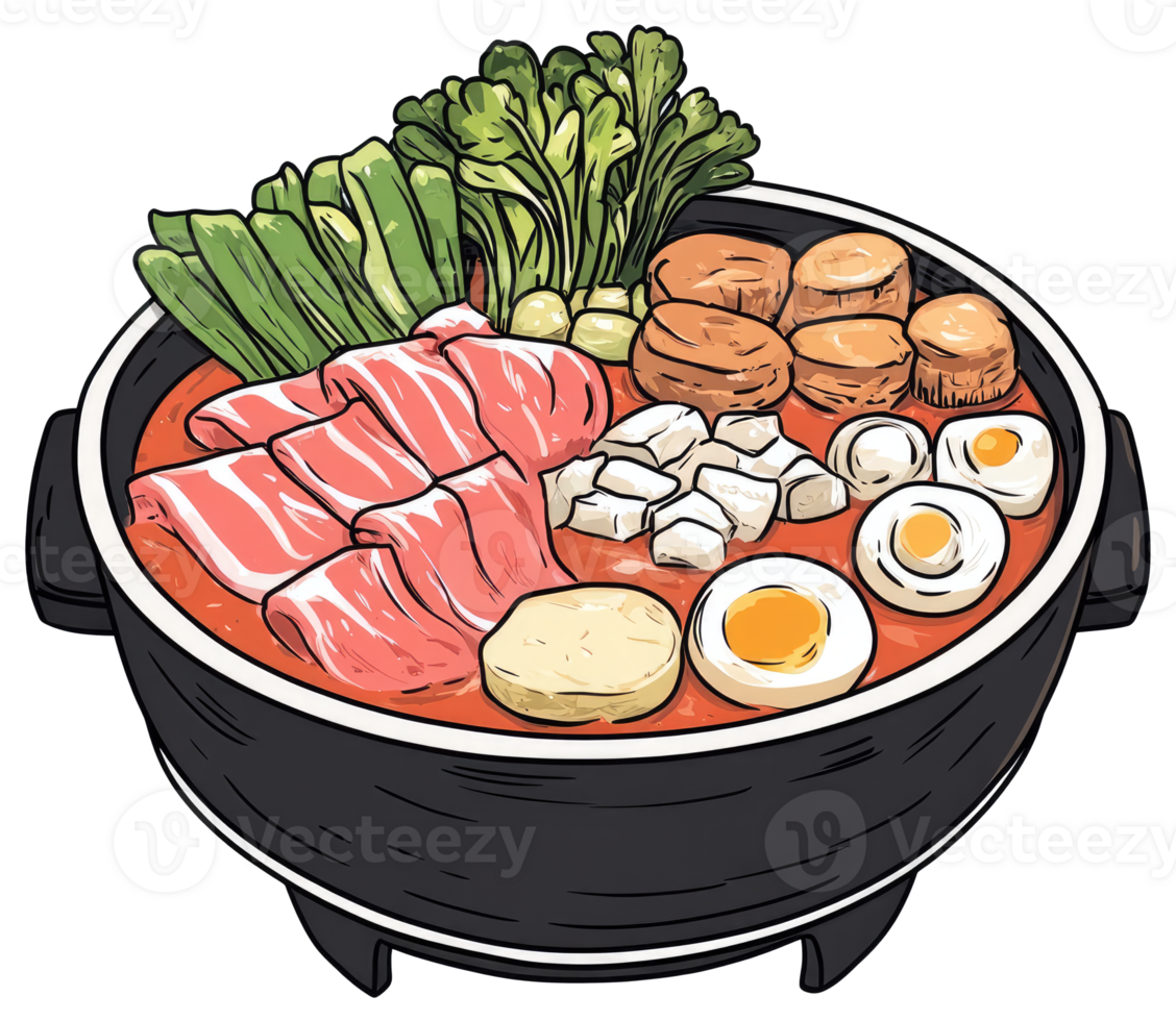 A graphic illustration of a hot pot filled with various ingredients png