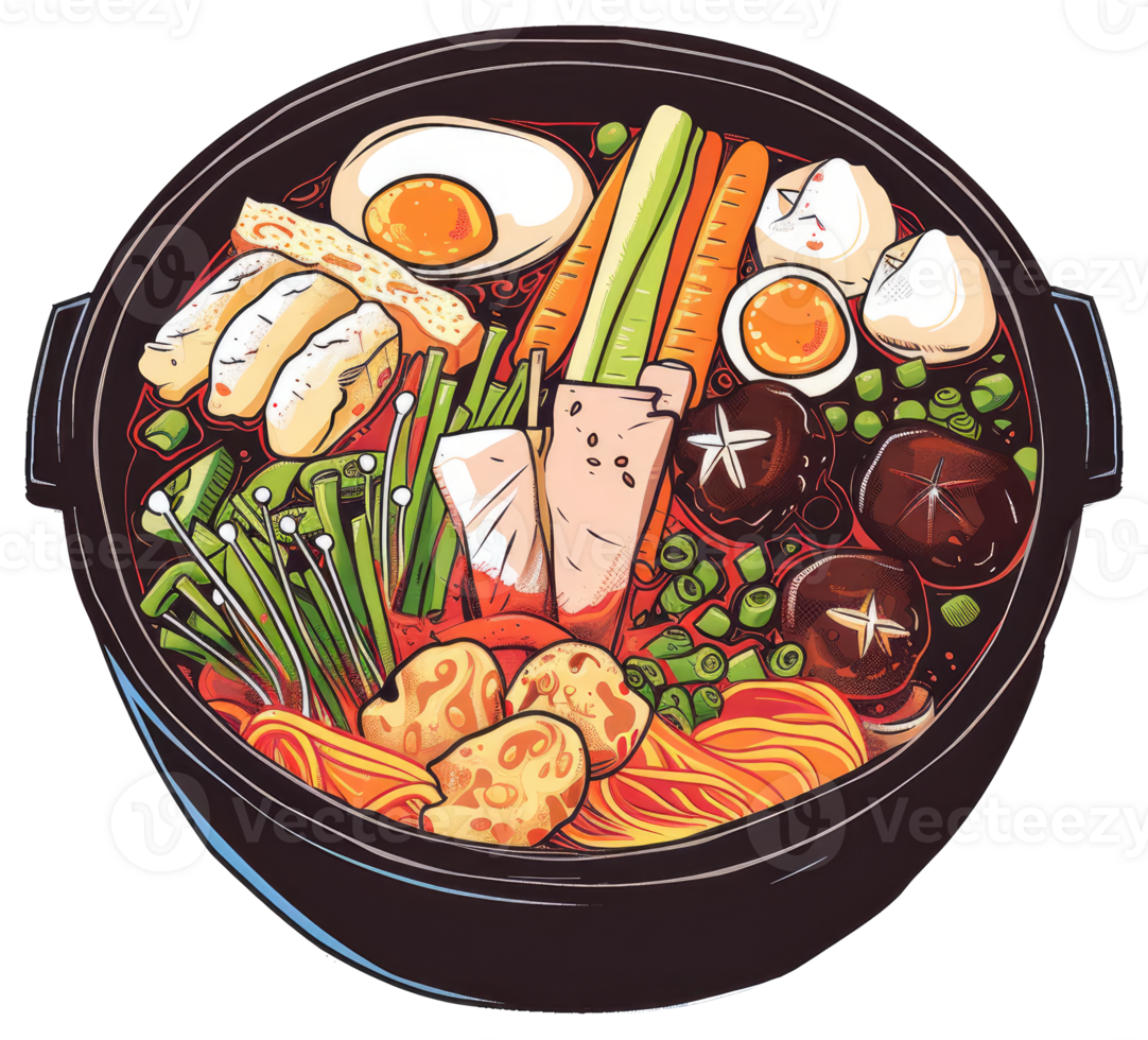 A delicious and colorful bowl of prepared ramen with many toppings png