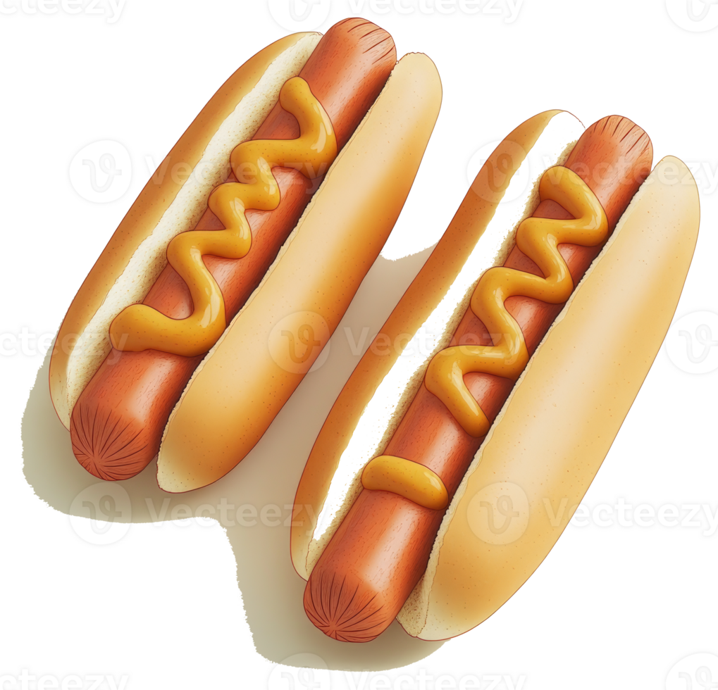 Two hot dogs with mustard on a white background are shown png
