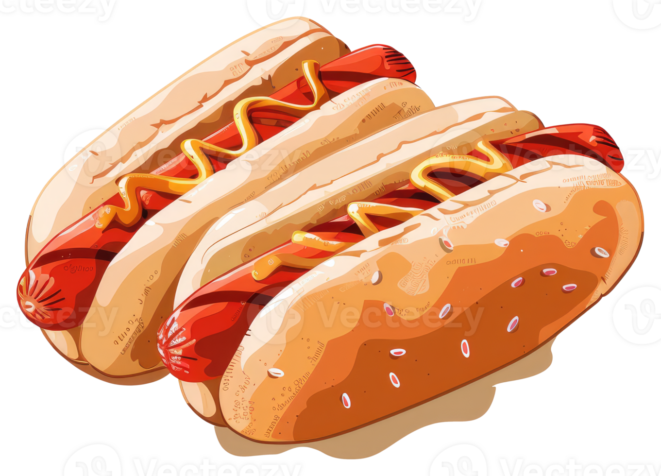 Three delicious looking hot dogs with mustard on them png