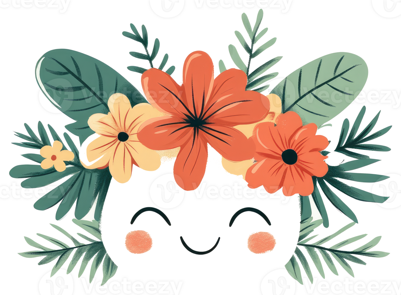 Smiling happy face adorned with a colorful floral headdress arrangement png
