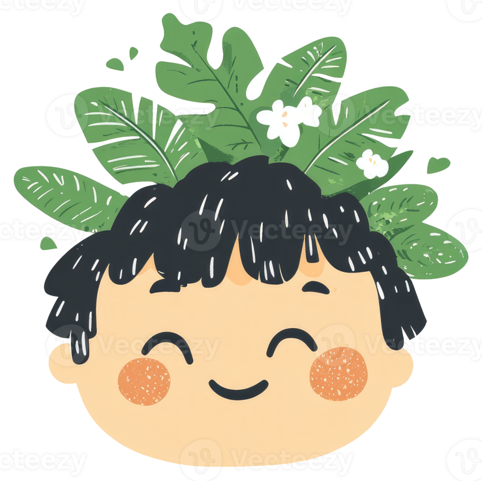 A smiling cartoon face with leafy plant decor on head png