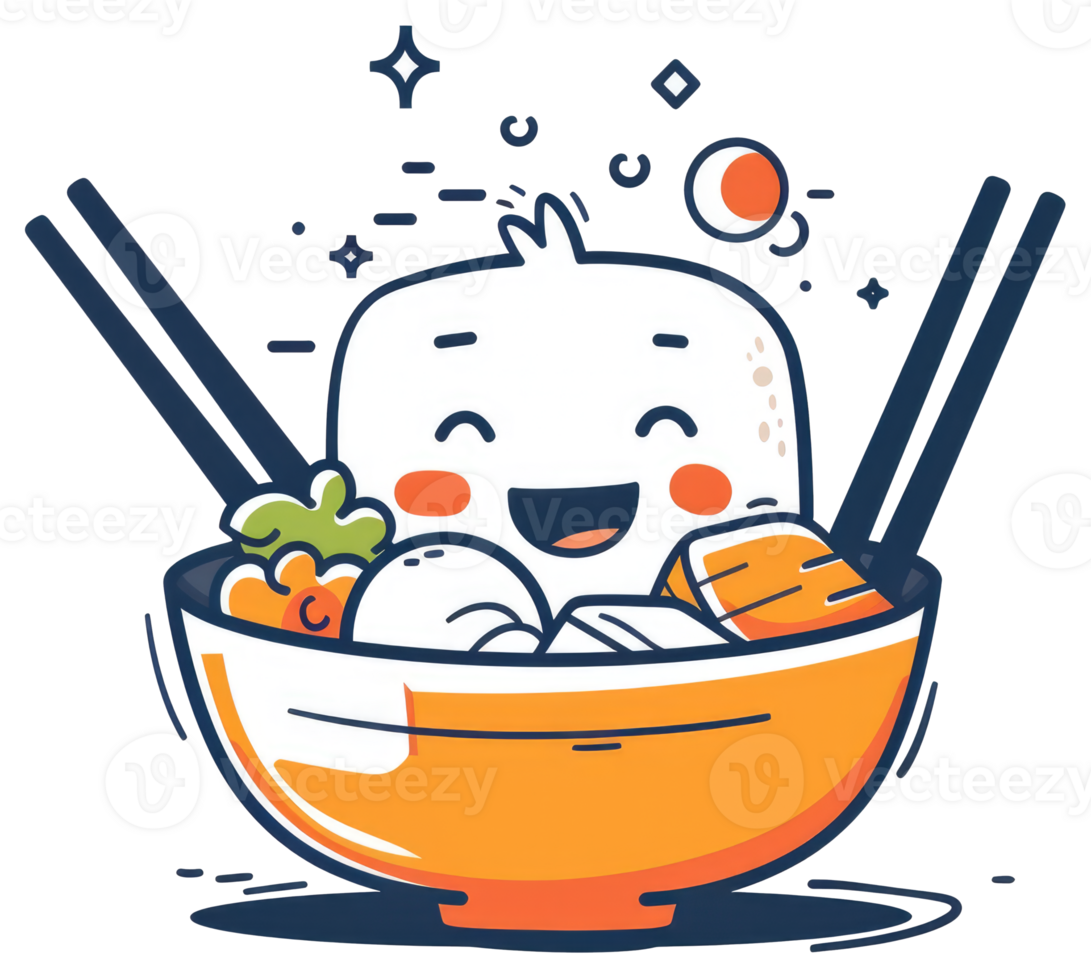 A smiling cartoon dumpling character sits inside of a bowl png