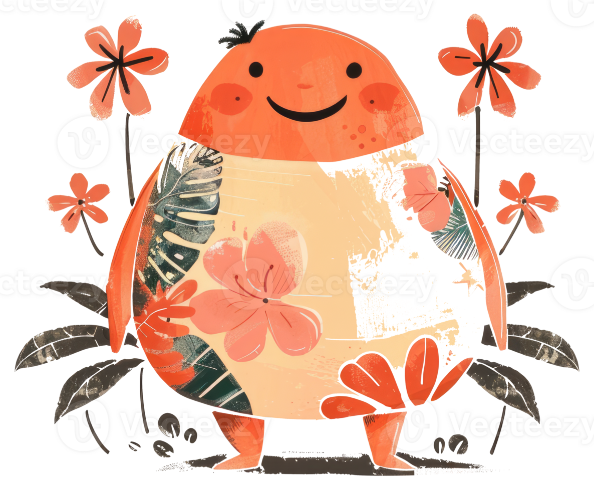 A smiling orange character with floral patterns and surrounding flowers png