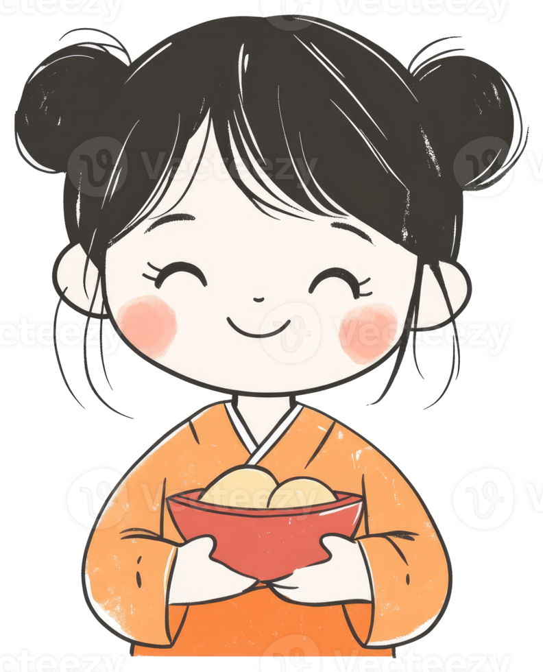 An illustrated young woman holds a bowl of food happily png
