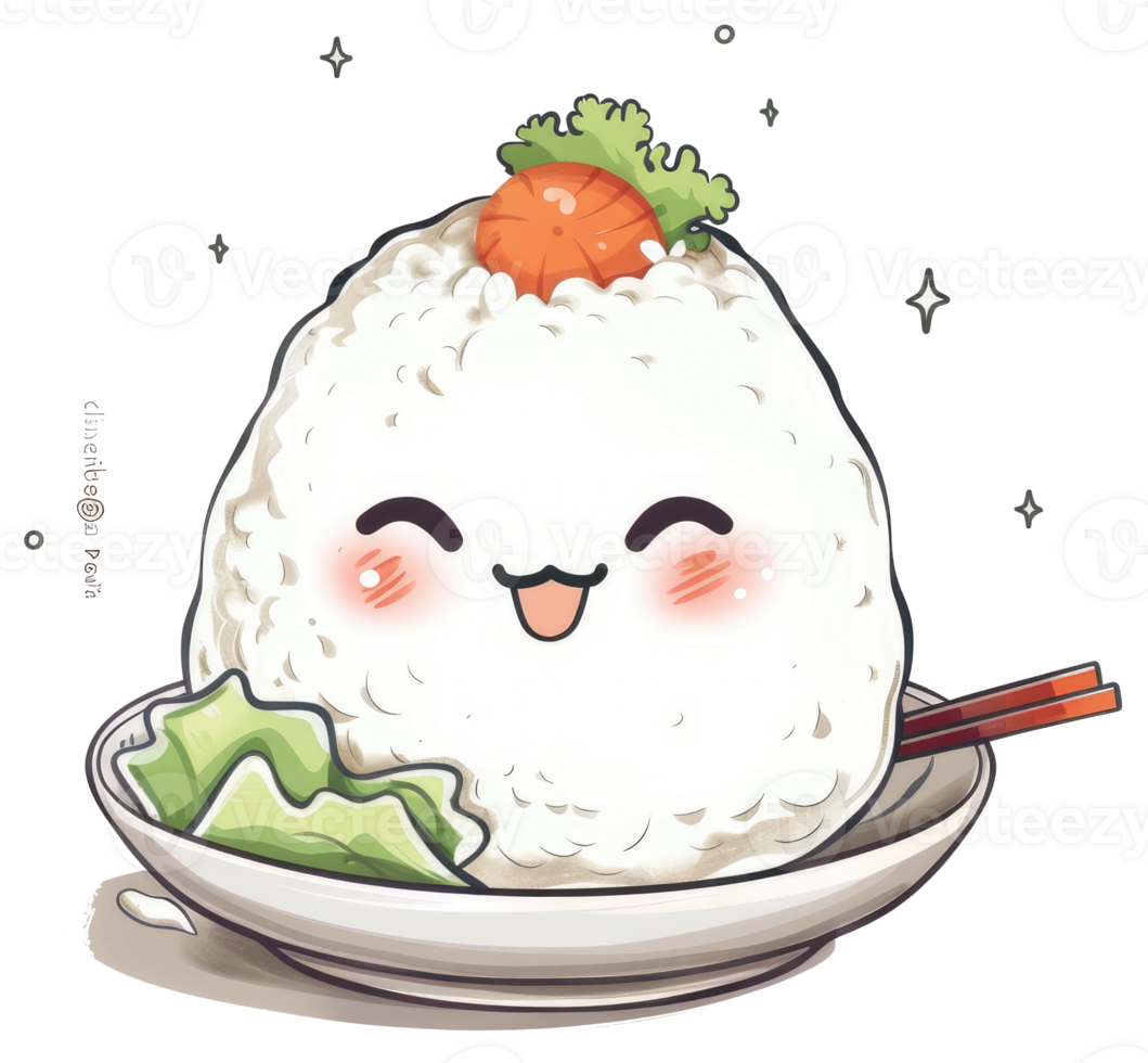 A happy cartoon image depicts a rice ball on a plate png