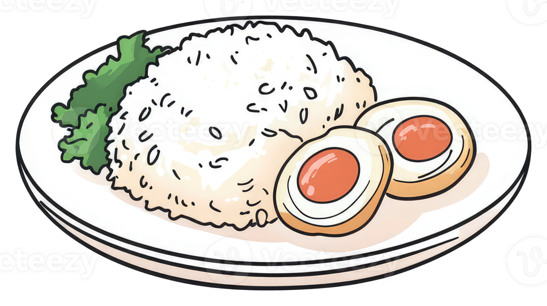 A plate of rice served with two sliced soft boiled eggs png