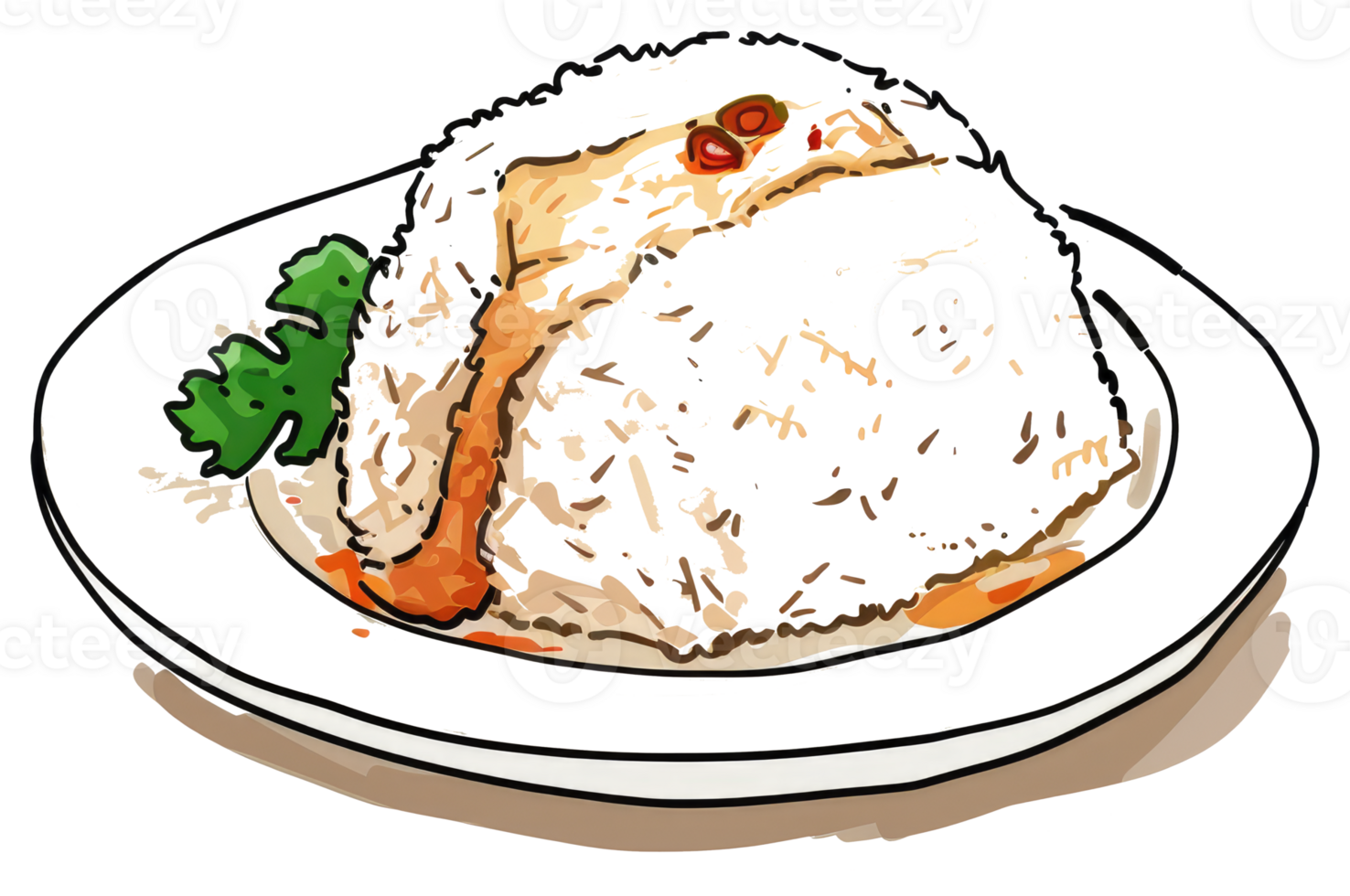 A plate of white rice served with brown sauce and garnish png