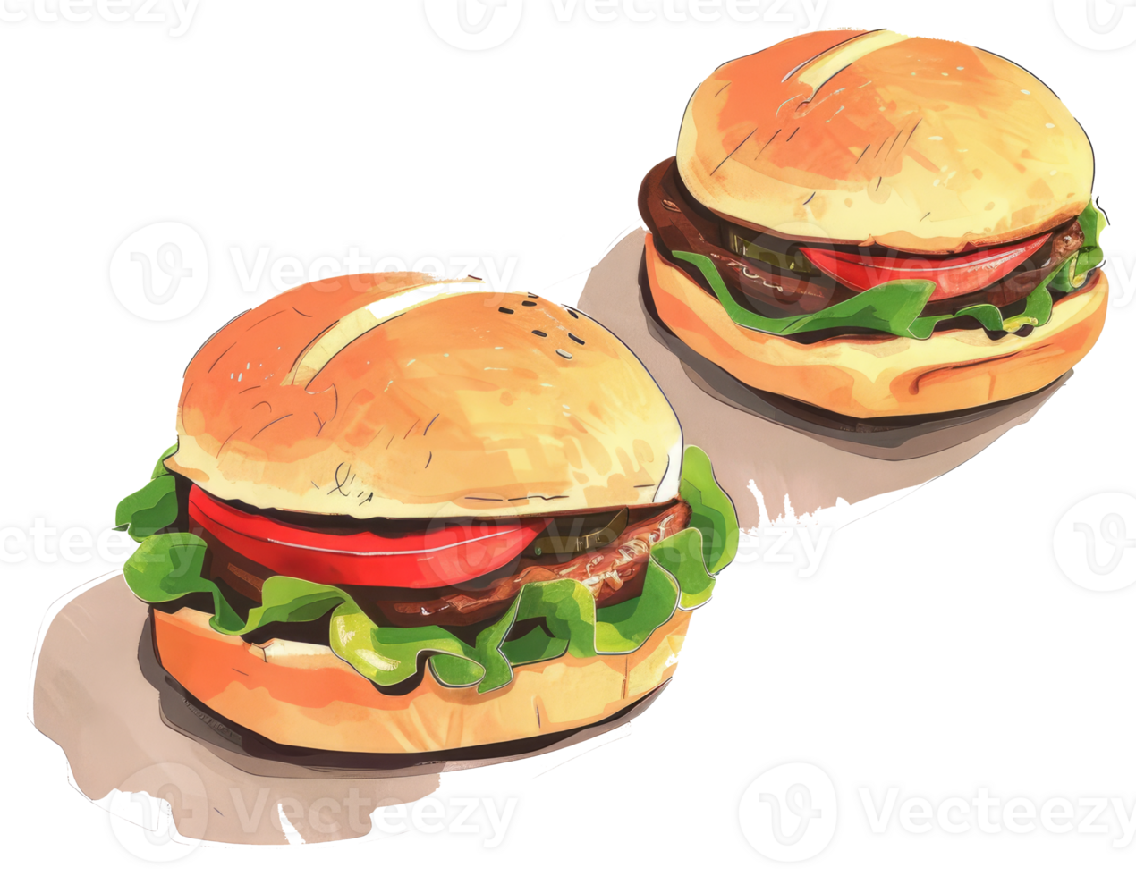 Two delicious burgers with fresh vegetables and buns are shown here png