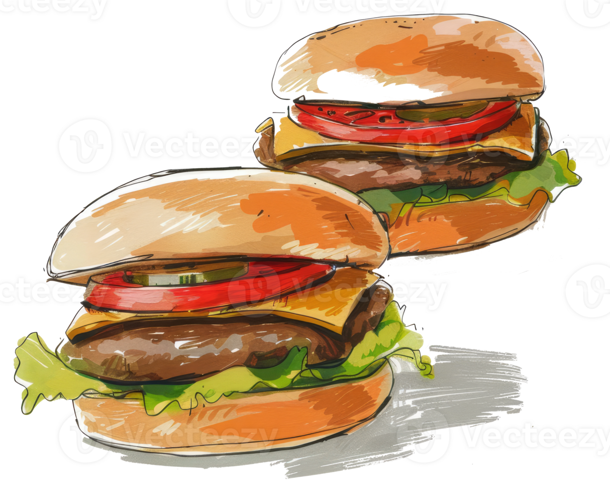 Two stylized illustrated hamburgers featuring various ingredients on buns png