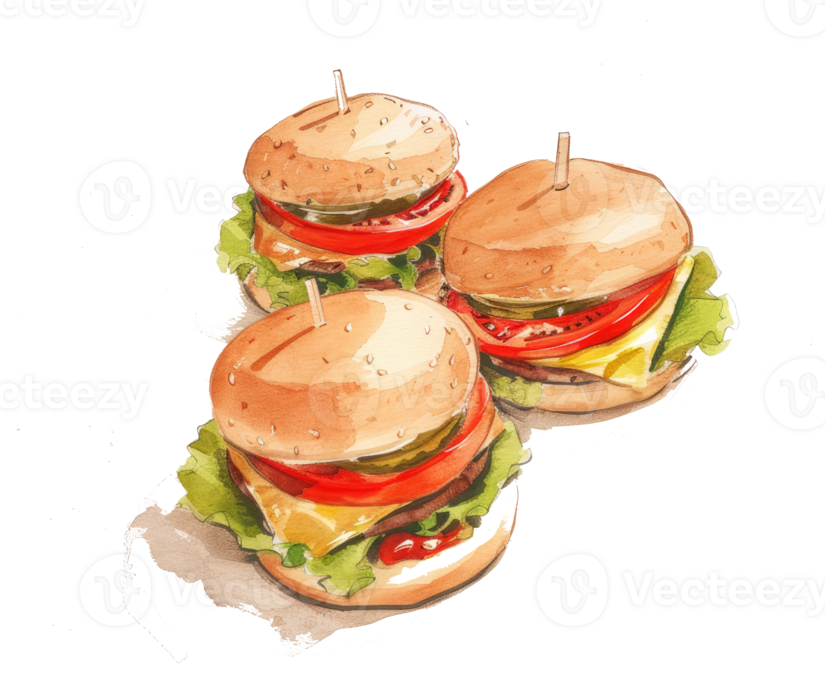 Three watercolor painted mini burgers with sesame seed buns png