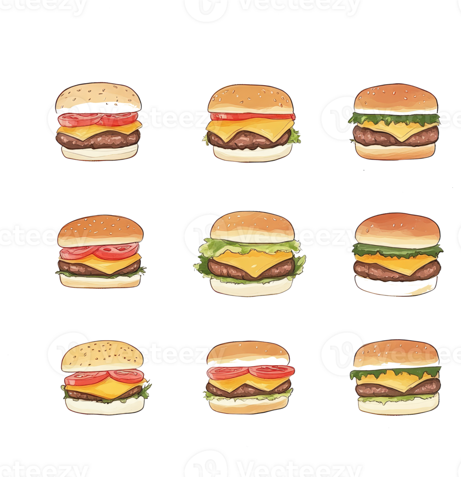 Several illustrated hamburgers with various toppings and condiments are displayed png